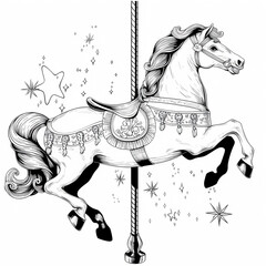 Vintage carousel horse in motion with detailed stars and vibrant design captured in black and white artwork