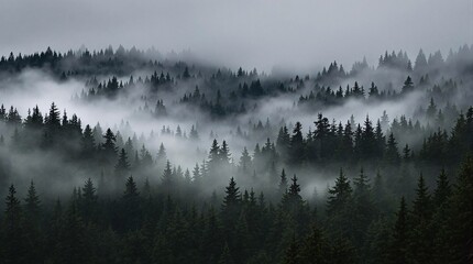 Fototapeta premium Mystical Foggy Forest Landscape with Misty Evergreen Trees Under an Overcast Sky – Serene Nature Scenery for Tranquil and Moody Aesthetic