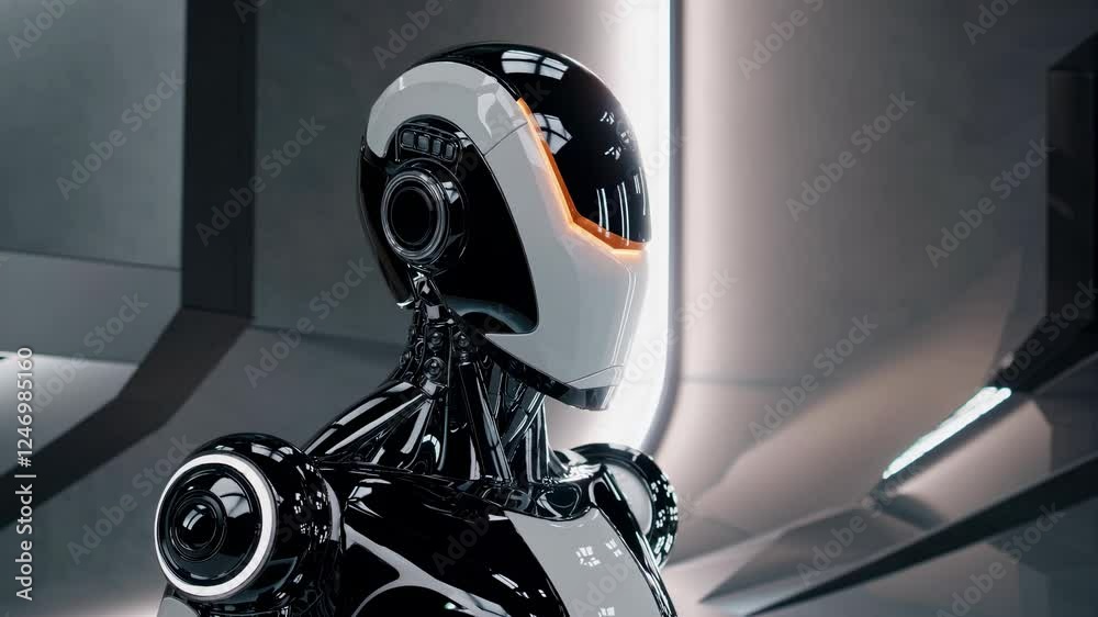 Poster Futuristic robot with sleek black and white design. Advanced AI concept in high-tech setting. Artificial intelligence and machine learning technology. Innovative robotics for future automation