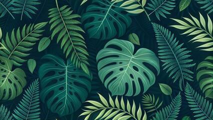 Fototapeta premium Tropical leaves pattern in vibrant green colors against a dark background for decorative use