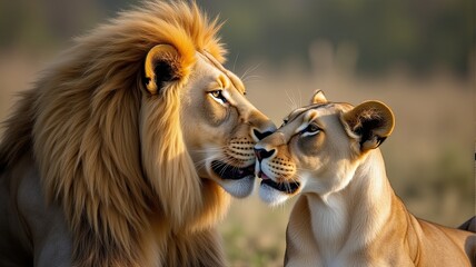 Majestic Lions in a Tender Moment of Connection