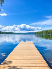 Fototapeta premium Wooden Pier on Calm Lake under Azure Sky - A serene wooden pier extending into a tranquil lake surrounded by lush greenery and bright blue skies reflecting clouds. Perfect for relaxation and nature es