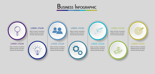 Business data 7 steps timeline infographic with icons designed for abstract background. Presentation chart Vector. Template diagram, process technology digital, design for workflow layout.