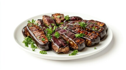 A plate of imam bayildi (stuffed eggplants) garnished with parsley on a clean white background.