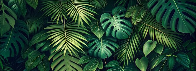 Lush tropical foliage with varying shades of green in a misty background for an exotic vibe 