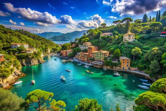Stunning Aerial View of Paraggi Bay, Portofino, Italy: Turquoise Waters & Lush Coastline