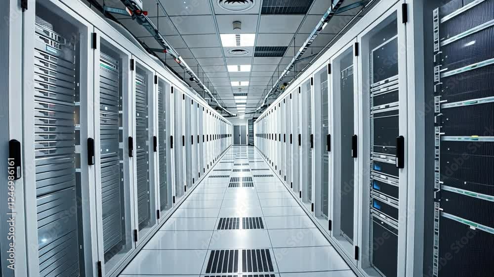 Poster server room corridor: rows of sleek server racks line a pristine corridor in a modern data center, c