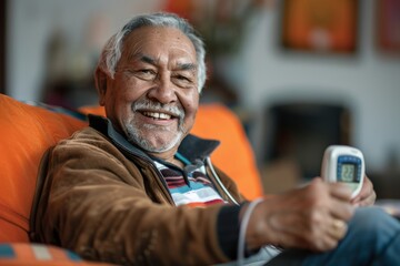 Obraz premium Senior man relaxing with blood pressure monitor