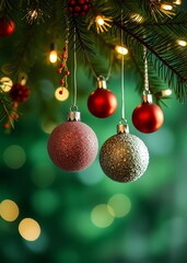 Christmas balls hanging fir branches with lights in abstract defocused background bokeh green bokeh green abstract background light bright blur pattern