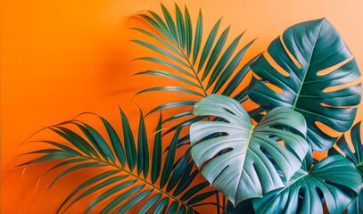 Tropical monstera leaves against a vibrant orange wall for a bold and stylish decor