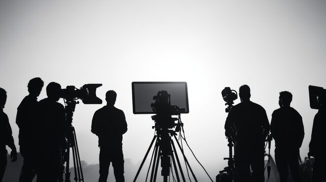 Silhouette of TV crew at outdoor broadcast