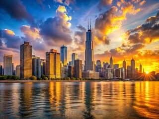 Obraz premium Stunning Chicago Skyline Panorama at Sunset - Architectural Photography