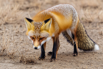 Red fox exploring a dry, cracked landscape in search of food during the late afternoon