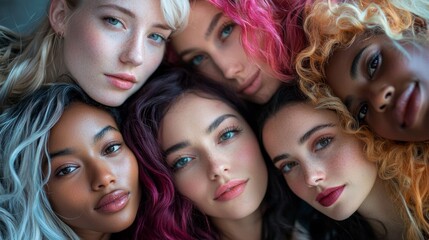 Obraz premium Six women showcase their unique hair colors and styles, each radiating confidence while posing closely together against a softly lit backdrop, creating an intimate and celebratory atmosphere