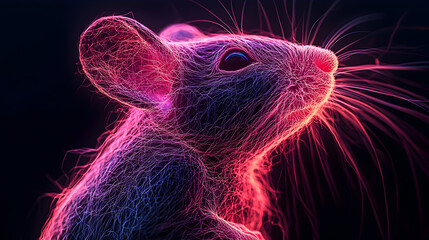 Vibrant Neon Mouse: A Cute, Glowing Digital Art Close-Up of Furry Anatomy and Texture with Playful Eyes, Whiskers, and Imaginative Silhouette in Colorful Lighting and Abstract Design