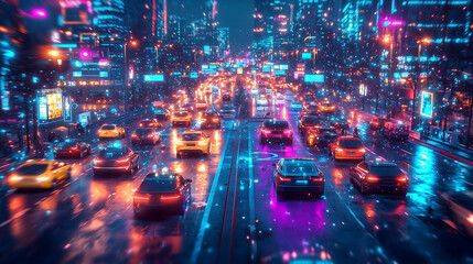 Obraz premium futuristic cityscape at night with vibrant neon lights heavy traffic and glowing reflections on wet streets showcasing urban life modern cars and illuminated skyscrapers in a cyberpunk style
