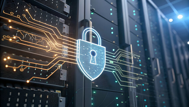 Close-up of a server rack with orange and blue circuit patterns, featuring a padlock icon for cybersecurity against a black backdrop Generative AI