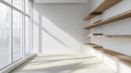 Obraz premium A sleek and minimalist modern office space with wooden shelves, crisp white walls, and expansive windows, creating a bright and airy workspace. 3D rendering