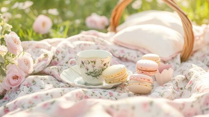 Pastel Picnic Setup with Sweet Treats and Flowers