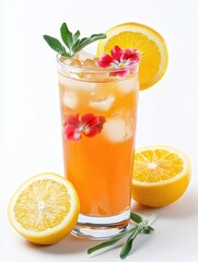 Fototapeta premium Cocktail with orange juice, slices of lemon and mint garnish.