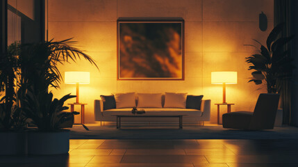 A sophisticated hotel lounge interior illuminated in the evening, offering a warm and inviting ambiance