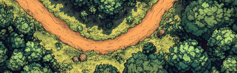 Serene Forest Path Illustration - An aerial view of a winding dirt path through a lush green forest, surrounded by dense foliage and natural beauty.