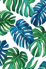 Seamless Pattern of Blue and Green Monstera Leaves in Watercolor Style, Perfect for Tropical and Botanical Designs, Nature-Inspired Art, and Decorative Backgrounds