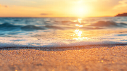 Obraz premium A close-up view captures sea sand and beach elements, inspiring thoughts of a tropical beach with a horizon featuring an orange and golden sunset sky, evoking a sense of calmness and relaxation.