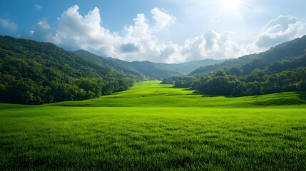 Obraz premium Lush Green Valley Landscape Under Bright Sunlight