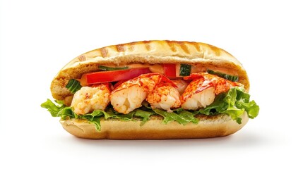 A serving of New England lobster roll in a toasted bun on a white background