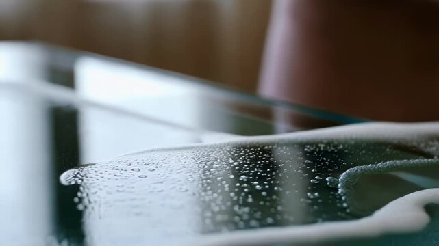 Professional cleaner wiping glass table surface with squeegee, removing soap suds and leaving perfectly clean, sparkling transparent workspace