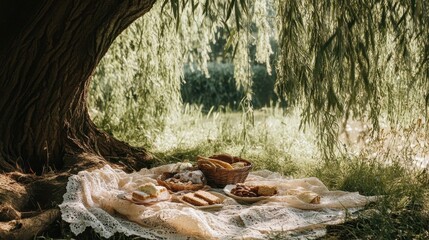 Shady Picnic Under a Willow Tree in Countryside
