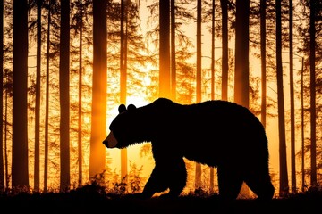 Majestic Bear Silhouette Amidst Sunlit Forest - A striking silhouette of a bear walking through a sunlit forest, symbolizing strength, nature, wildlife, tranquility, and beauty.