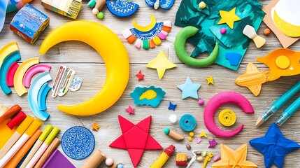 Obraz premium Colorful crafts, stars, moon, rocket; kids' art table