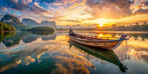 Sunrise Reflection: Wooden Boat on Nong Thale Lake, Krabi, Thailand