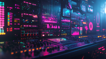 Fototapeta premium Futuristic Audio Production Studio with Neon Cyberpunk Aesthetic