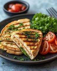 Grilled chicken sandwich with fresh salad and tomatoes on a dark plate close up shot