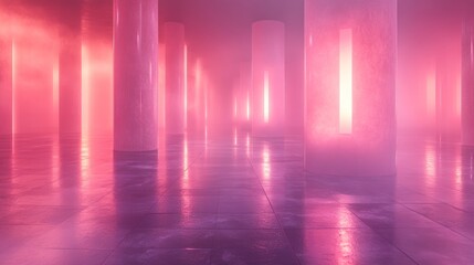 Pink neon hallway, fog, reflections, futuristic backdrop