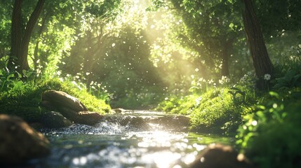Stream flowing through a vibrant spring forest with diffused sunlight through the canopies.