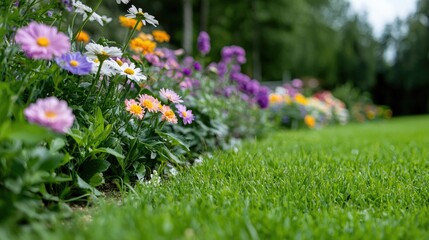 Obraz premium Colorful flowers border, green lawn background, summer garden