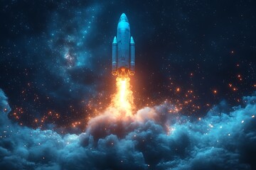 Powerful Rocket Launch into a Starry Night Sky