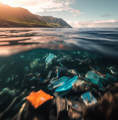 Plastic trash in the sea, underwater photo