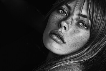 Fototapeta premium Black and White Portrait of a Beautiful Woman in a Fashion Editorial Photo Shoot