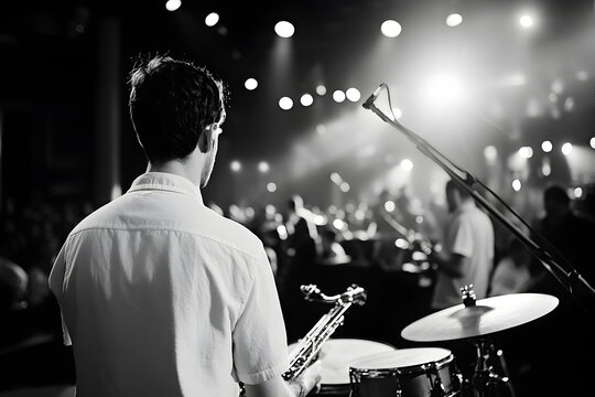 A black-and-white photograph of a jazz band performing on stage, with a focus on the saxophonist under a spotlight, capturing the essence of International Jazz Day
