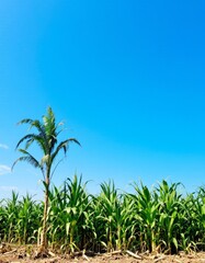 Obraz premium Lush Cornfield Under a Brilliant Sky with a Young Palm tree Standing Guard
