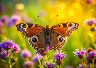 Obraz premium Surreal Brown Butterfly on Purple Flower in Lush Meadow - Stock Photo