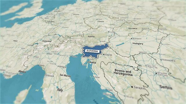 Borders of the state of Slovenia on the map. Country Slovenia on the map is highlighted by a polygonal border. From above zooming in with panoramic view