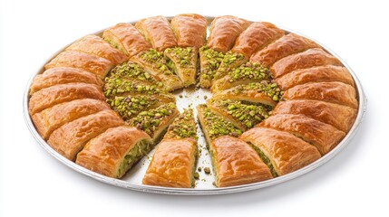 A tray of Turkish kunefe dessert garnished with pistachios on a white background.
