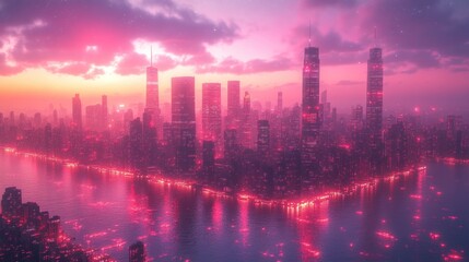 Pink Sunset Cityscape, River Reflection, Futuristic