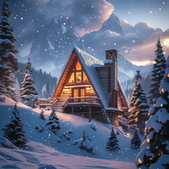 Cozy Winter Cabin by a Frozen Lake with Snowy Trees and Starry Night – Christmas Holiday Scene, Generated with AI